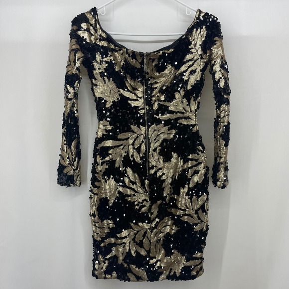Akira Size Small Sequin Mini Dress Black Gold Leaf Off Shoulder Bodycon Party - Picture 7 of 9